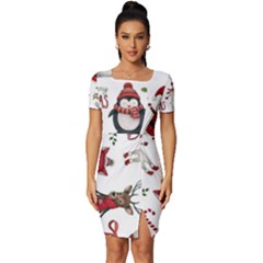 Christmas Characters Pattern Fitted Knot Split End Bodycon Dress by Sarkoni