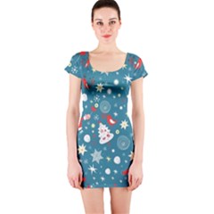 Christmas Pattern Santa Blue Short Sleeve Bodycon Dress by Sarkoni