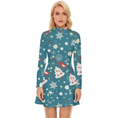 Christmas Pattern Santa Blue Long Sleeve Velour Longline Dress by Sarkoni