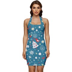 Christmas Pattern Santa Blue Sleeveless Wide Square Neckline Ruched Bodycon Dress by Sarkoni