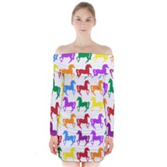 Colorful Horse Background Wallpaper Long Sleeve Off Shoulder Dress by Amaryn4rt