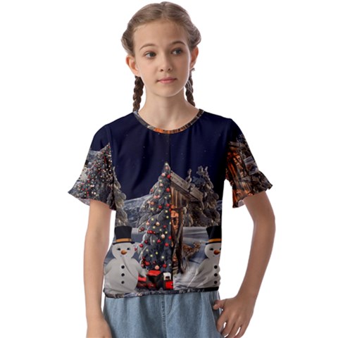 Christmas Landscape Kids  Cuff Sleeve Scrunch Bottom T-shirt by Sarkoni