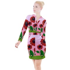 Flowers Butterflies Red Flowers Button Long Sleeve Dress by Sarkoni