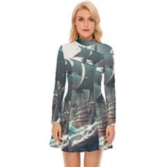 Pirate Ship Boat Sea Ocean Storm Long Sleeve Velour Longline Dress by Sarkoni