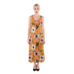 Flower Orange Pattern Floral Sleeveless Maxi Dress by Dutashop