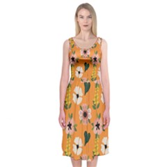 Flower Orange Pattern Floral Midi Sleeveless Dress by Dutashop