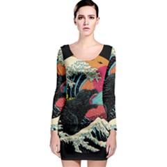 Retro Wave Kaiju Godzilla Japanese Pop Art Style Long Sleeve Bodycon Dress by Modalart