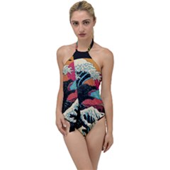 Retro Wave Kaiju Godzilla Japanese Pop Art Style Go With The Flow One Piece Swimsuit by Modalart