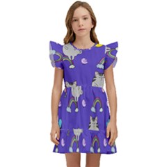 Cat Texture Pattern Seamless Rainbow Kids  Winged Sleeve Dress by Ravend