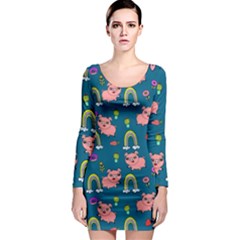 Flowers Pink Pig Piggy Seamless Long Sleeve Bodycon Dress by Ravend