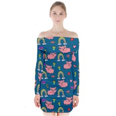 Flowers Pink Pig Piggy Seamless Long Sleeve Off Shoulder Dress by Ravend