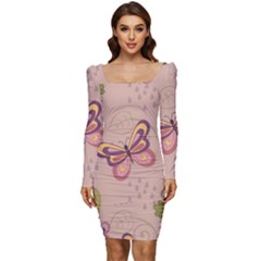 Butterfly Background Pattern Texture Women Long Sleeve Ruched Stretch Jersey Dress by Ravend