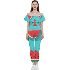 Watermelon Fruit Slice Bardot Ruffle Jumpsuit by Ravend