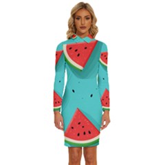 Watermelon Fruit Slice Long Sleeve Shirt Collar Bodycon Dress by Ravend