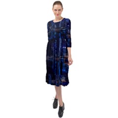 Illuminated Cityscape Against Blue Sky At Night Ruffle End Midi Chiffon Dress by Modalart