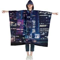 Black Building Lighted Under Clear Sky Women s Hooded Rain Ponchos by Modalart