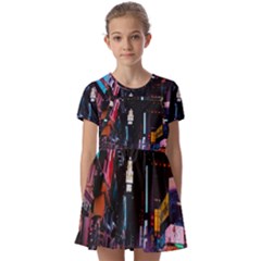 Roadway Surrounded Building During Nighttime Kids  Short Sleeve Pinafore Style Dress by Modalart