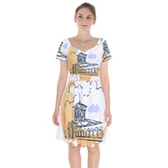 Poster Map Flag Lotus Boat Short Sleeve Bardot Dress by Grandong