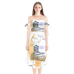 Poster Map Flag Lotus Boat Shoulder Tie Bardot Midi Dress by Grandong