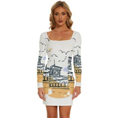 Poster Map Flag Lotus Boat Long Sleeve Square Neck Bodycon Velvet Dress by Grandong