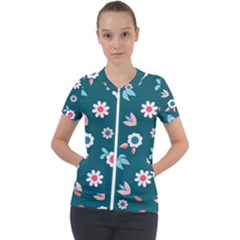 Cute Flowers Seamless Model Spring Short Sleeve Zip Up Jacket by Grandong