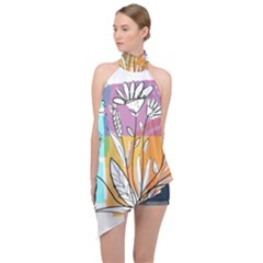 Flower Leaves Foliage Grass Doodle Halter Asymmetric Satin Top by Grandong