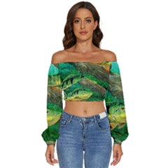 Peacock Bass Fishing Long Sleeve Crinkled Weave Crop Top by Sarkoni