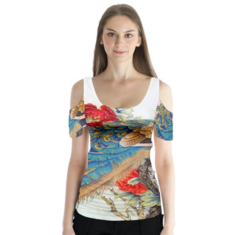 Birds Peacock Artistic Colorful Flower Painting Butterfly Sleeve Cutout T-shirt  by Sarkoni