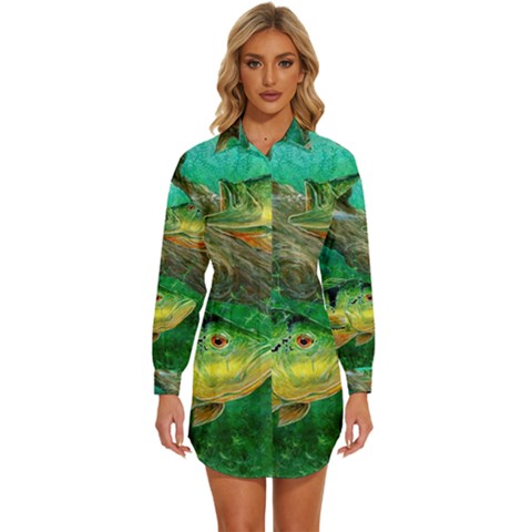 Peacock Bass Fishing Womens Long Sleeve Shirt Dress by Sarkoni