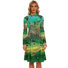 Peacock Bass Fishing Long Sleeve Shirt Collar A-line Dress by Sarkoni