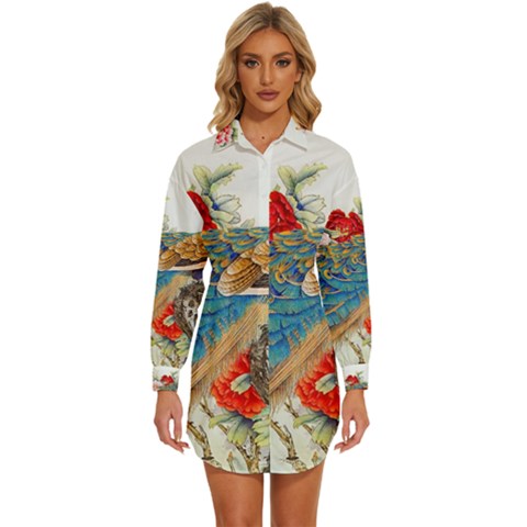 Birds Peacock Artistic Colorful Flower Painting Womens Long Sleeve Shirt Dress by Sarkoni