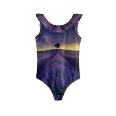 Bed Of Purple Petaled Flowers Photography Landscape Nature Kids  Frill Swimsuit by Sarkoni