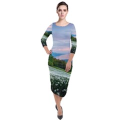 Field Of White Petaled Flowers Nature Landscape Quarter Sleeve Midi Velour Bodycon Dress by Sarkoni