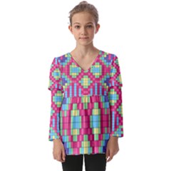 Checkerboard Squares Abstract Texture Pattern Kids  V Neck Casual Top by Apen