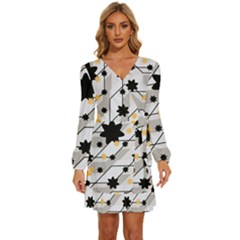 Flower Shape Abstract Pattern Long Sleeve Waist Tie Ruffle Velvet Dress by Modalart