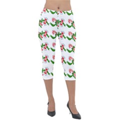 Sweet Christmas Candy Cane Lightweight Velour Capri Leggings  by Modalart