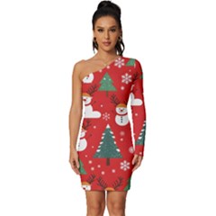 Christmas Decoration Long Sleeve One Shoulder Mini Dress by Modalart