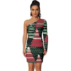 Christmas Trees Long Sleeve One Shoulder Mini Dress by Modalart