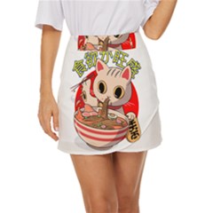 Ramen Cat Noodles Cute Japanes Mini Front Wrap Skirt by Modalart