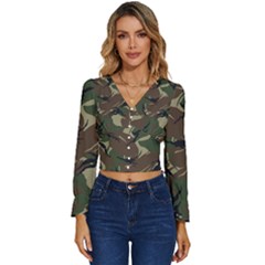 Camouflage Pattern Fabric Long Sleeve V-neck Top by Bedest