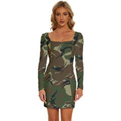 Camouflage Pattern Fabric Long Sleeve Square Neck Bodycon Velvet Dress by Bedest