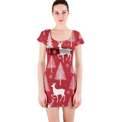 Christmas Tree Deer Pattern Red Short Sleeve Bodycon Dress by Ravend