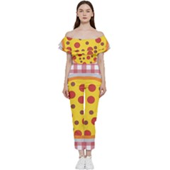 Pizza Table Pepperoni Sausage Bardot Ruffle Jumpsuit by Ravend