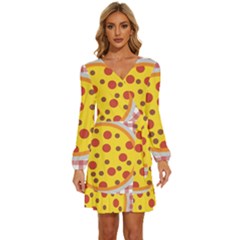 Pizza Table Pepperoni Sausage Long Sleeve Waist Tie Ruffle Velvet Dress by Ravend