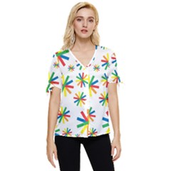 Celebrate Pattern Colorful Design Bow Sleeve Button Up Top by Ravend