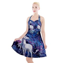 Unicorn Starry Night Print Van Gogh Halter Party Swing Dress  by Modalart