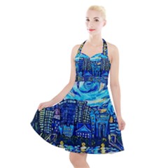 Starry Night Van Gogh Painting Art City Scape Halter Party Swing Dress  by Modalart