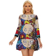 Cartoon Starry Night Vincent Van Gogh Long Sleeve Babydoll Dress by Modalart