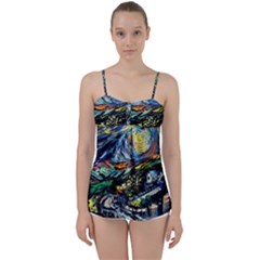 The Great Wall Nature Painting Starry Night Van Gogh Babydoll Tankini Top by Modalart