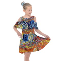 Tardis Starry Night Doctor Who Van Gogh Parody Kids  Shoulder Cutout Chiffon Dress by Modalart